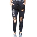 Black MAMA Letter Print Distressed High Waist Jogger Pants