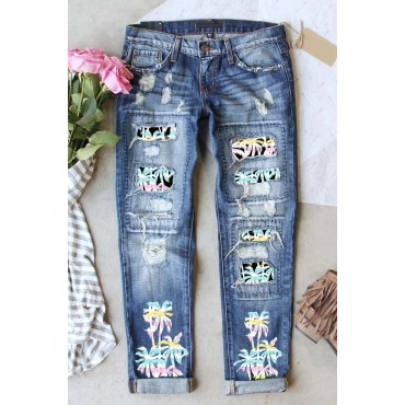 Sky Blue Tropical Tree Print Patchwork Distressed Jeans Sky Blue Tropical Tree Print Patchwork Distressed Jeans