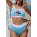 Sky Blue Letter Graphic Print Ribbed One Shoulder High Waist Bikini Swimsuit
